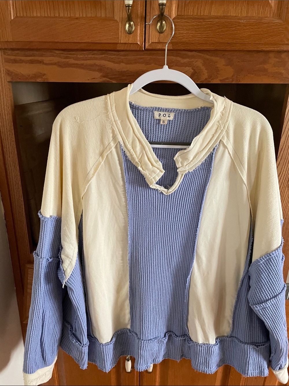 POL Cream and Light Blue Mixed-Knit Cowl Sweater